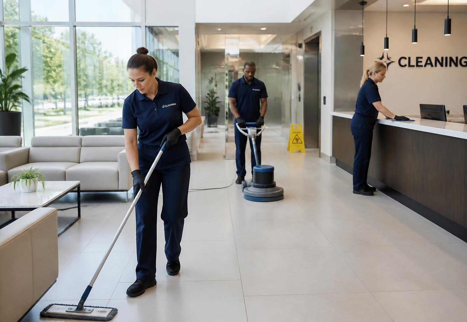NZ Property Services cleaning crew mopping and detailing a bright commercial office lobby in Northern Massachusetts