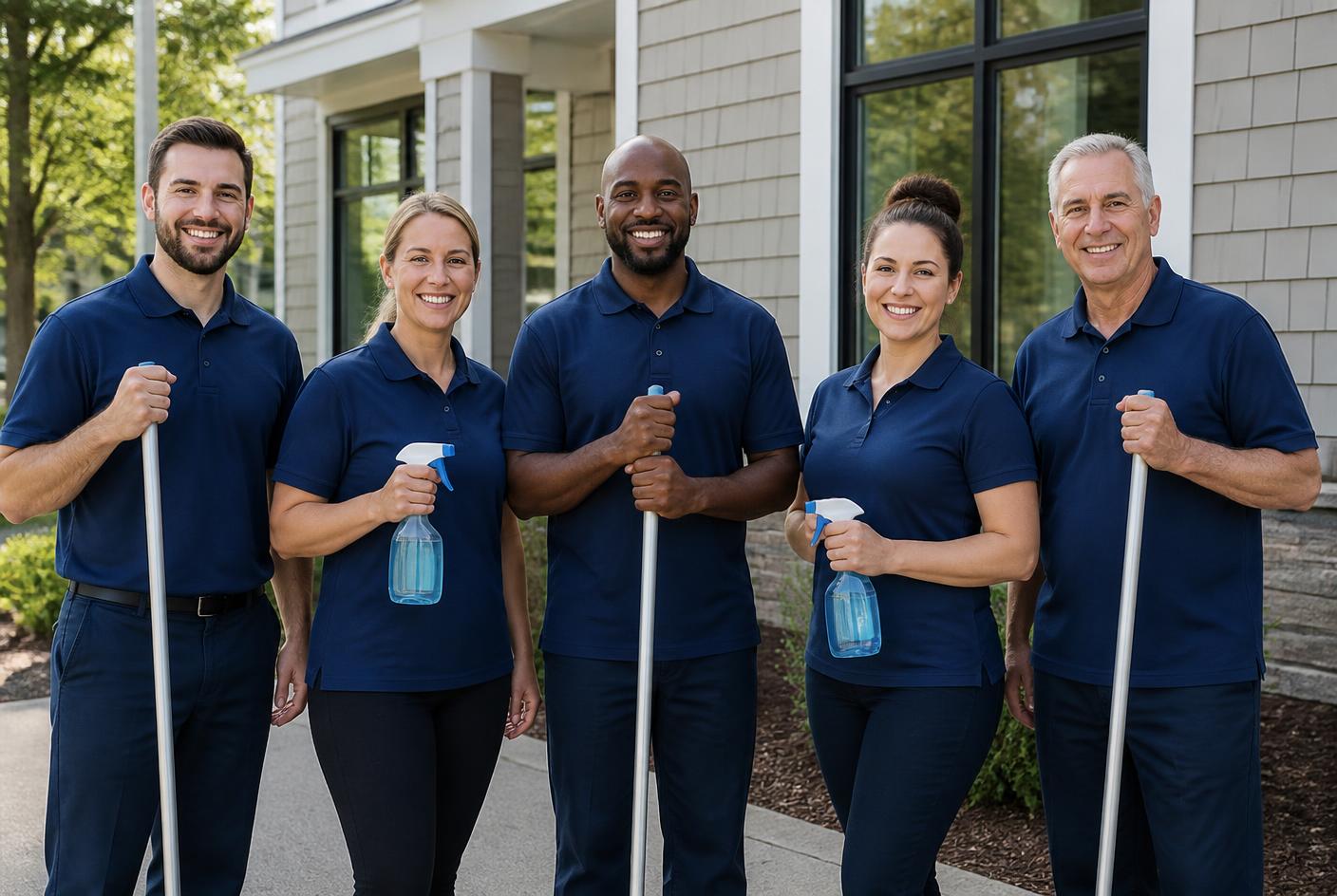The NZ Property Services cleaning team in navy uniforms outside a commercial building in the Merrimack Valley